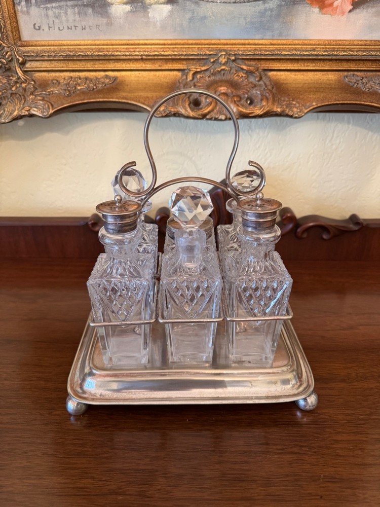 ANTIQUE EDWARDIAN SILVER PLATED 6 BOTTLE CRUET SET 19C