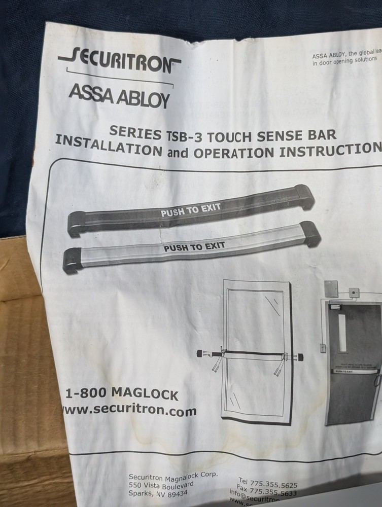 ASSA Ablou Securitron TSB-3 Touch Sense Bar, Push To Exit, NOS