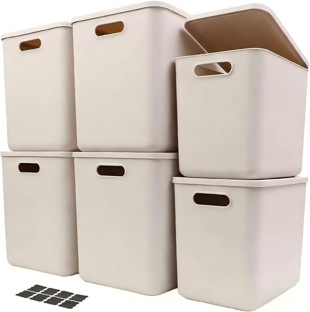 6 Piece Plastic Storage Baskets Boxes with Lids,14.4x10.2x11.8 inch Stackable...