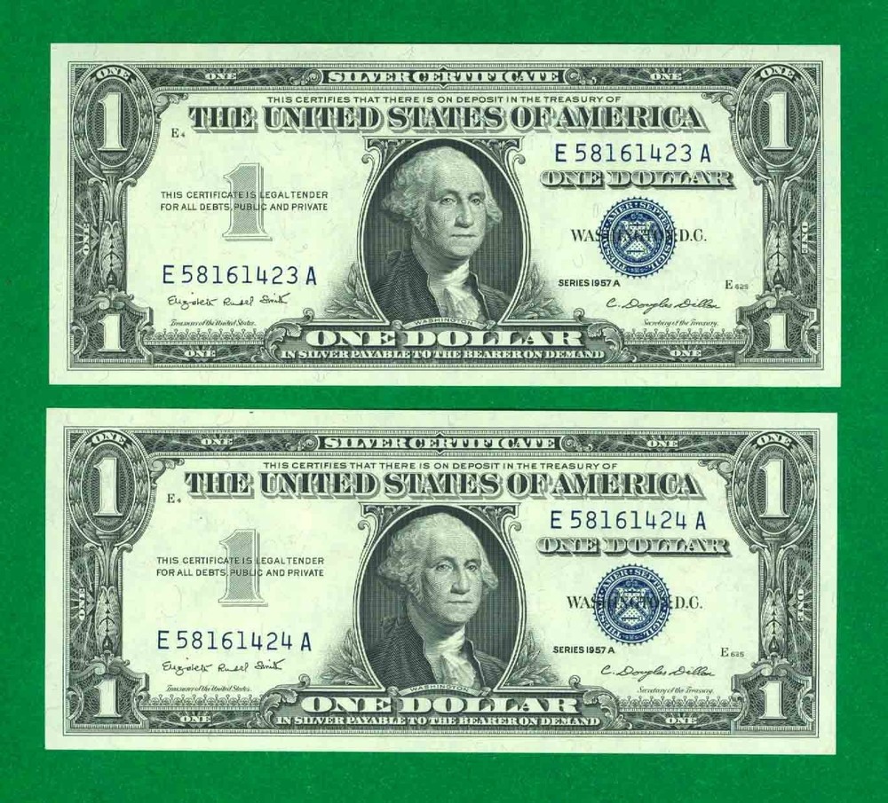 $1 1957-A 2 E/A BLOCK BLUE SEAL SILVER CERTIFICATES CU. PAIR