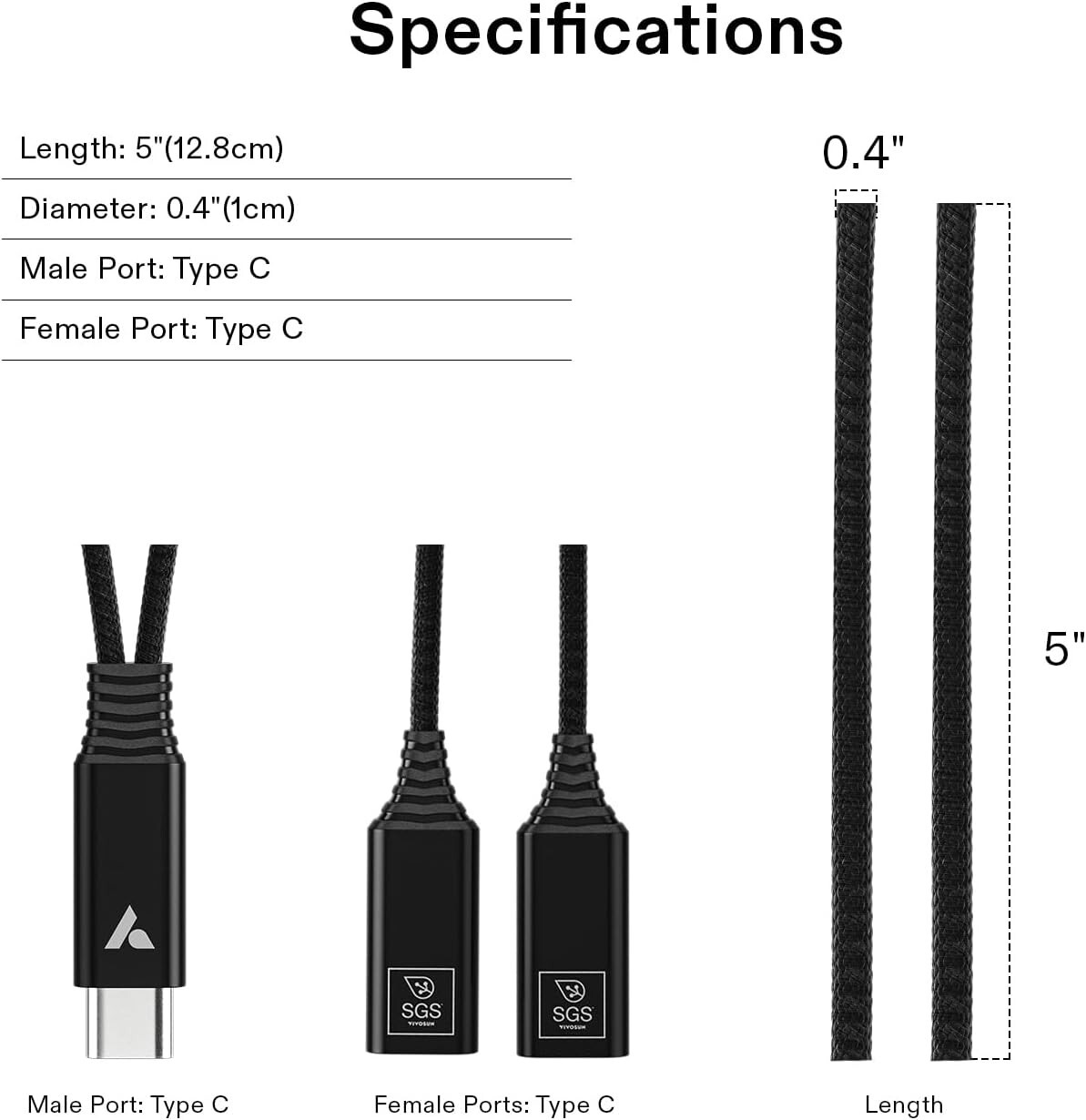 VIVOSUN USB-C Splitter w/1 Male to 2 Female,2-in-1 Type C Splitter,Daisy-Chain