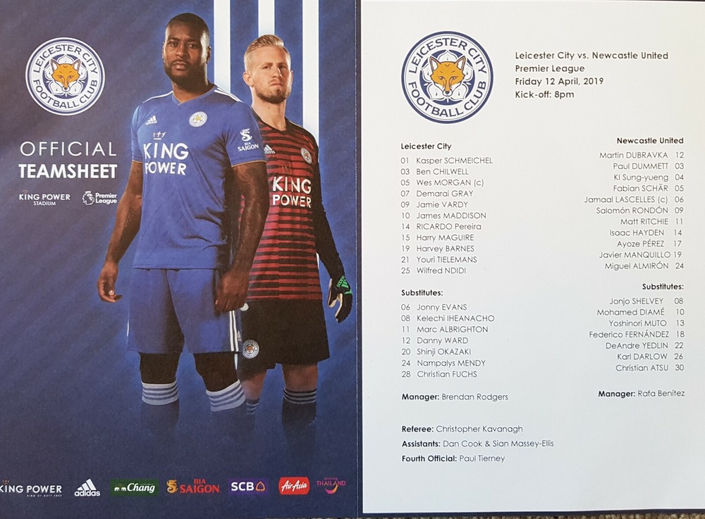 LEICESTER CITY v NEWCASTLE 2018/19 TEAMSHEET