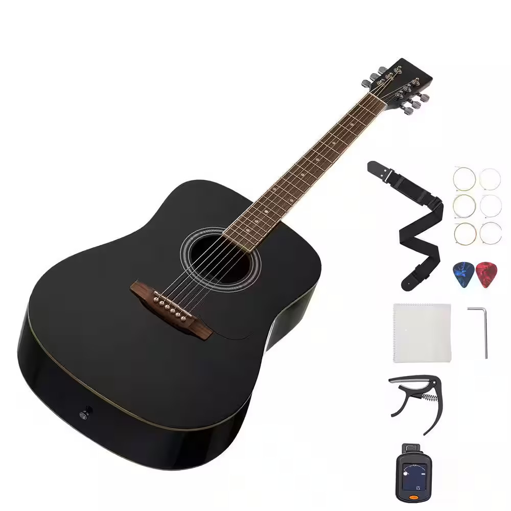 Dreadnought Acoustic Guitar 41 In. 6-String Black Solid Spruce Top Guitar Beginn