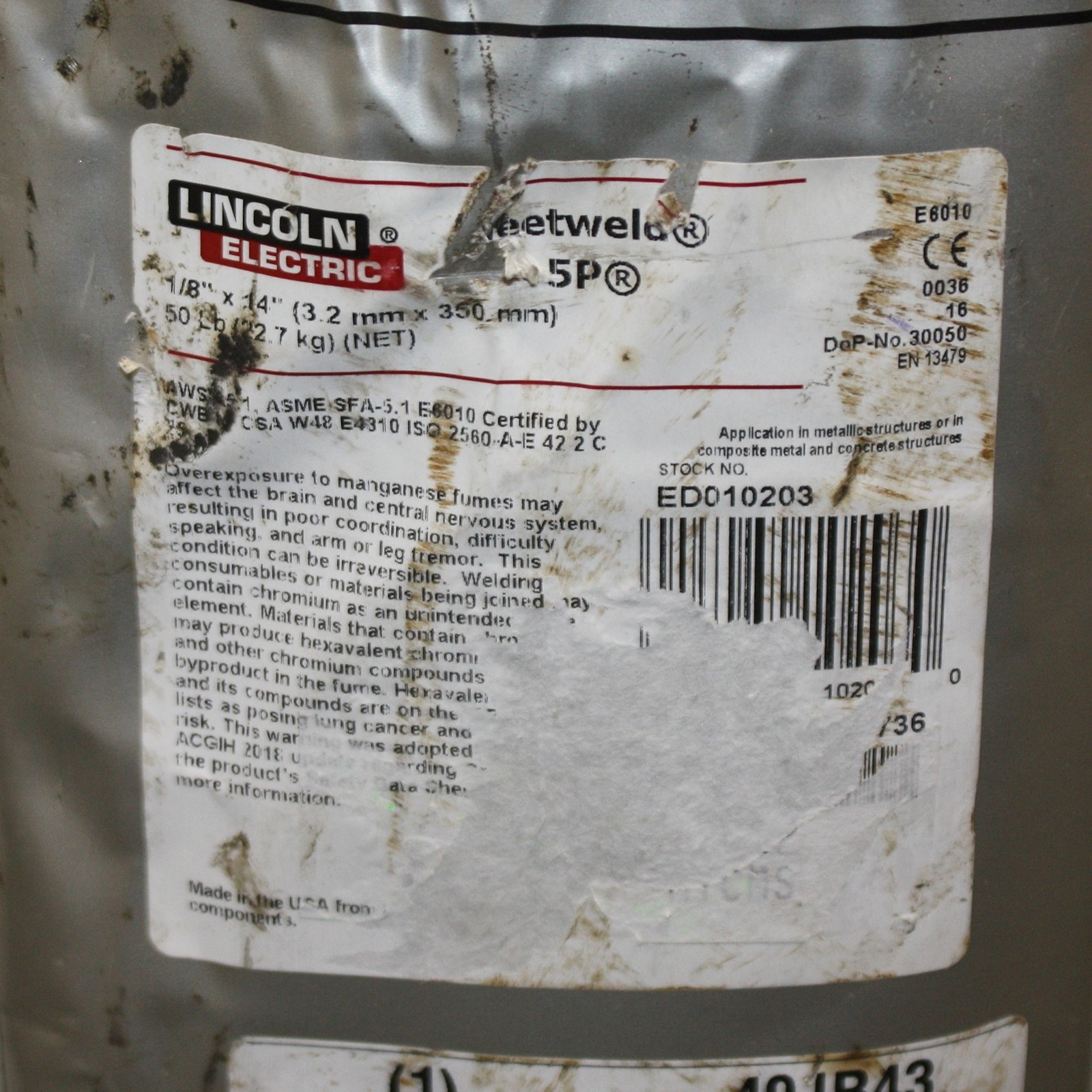 (50lbs) Lincoln Electric Fleetweld 5P Stick Electrodes E6010, 1/8 x 14", Welding