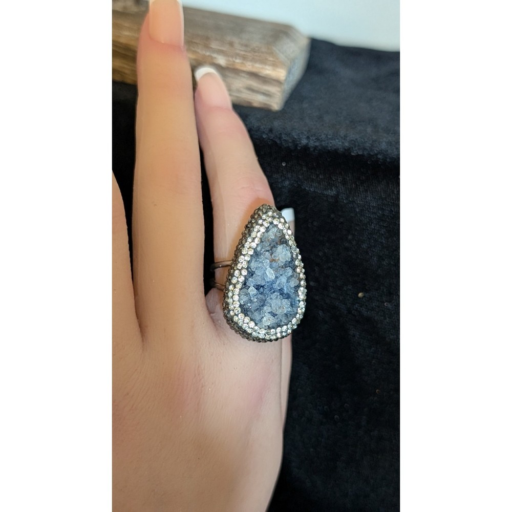 Druzy Marcasite Cubic Zirconia Sterling Split Shank Adjustable Statement Ring