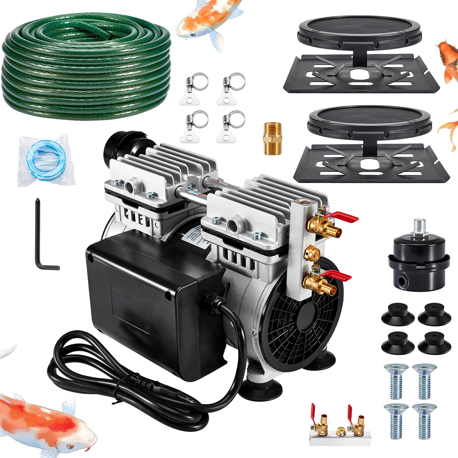 Pond Aerator Lake Pond Aeration Kit 3/4 HP w/ 2x98' Tubes 2x10.4" Diffusers