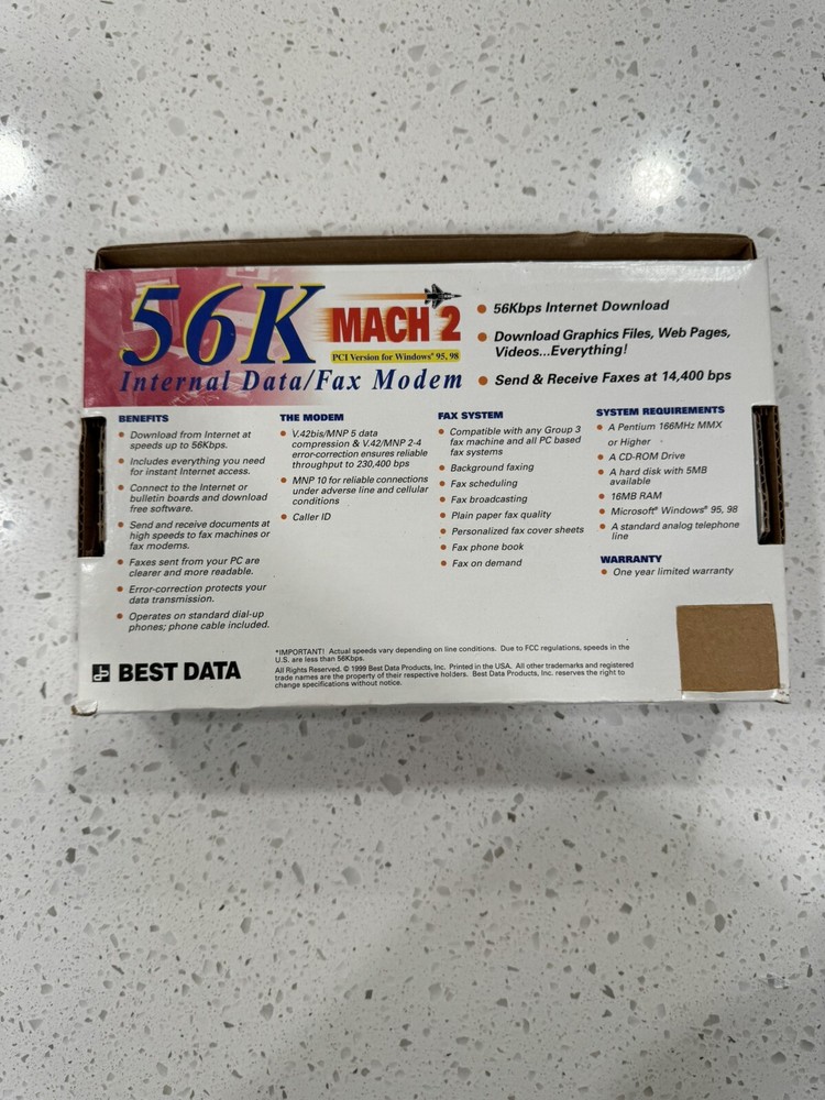 56K MACH 2 INTERNAL DATA/FAX MODEM PCI VERSION FOR WINDOWS 95, 98