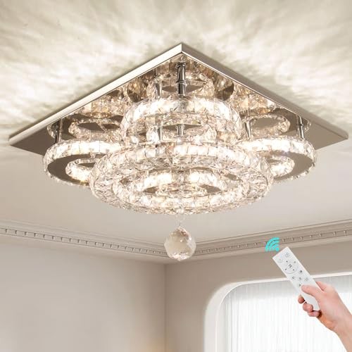 Modern 5-Ring Crystal Ceiling Light, 13.3" Dimmable LED Flush WCY Dimmable