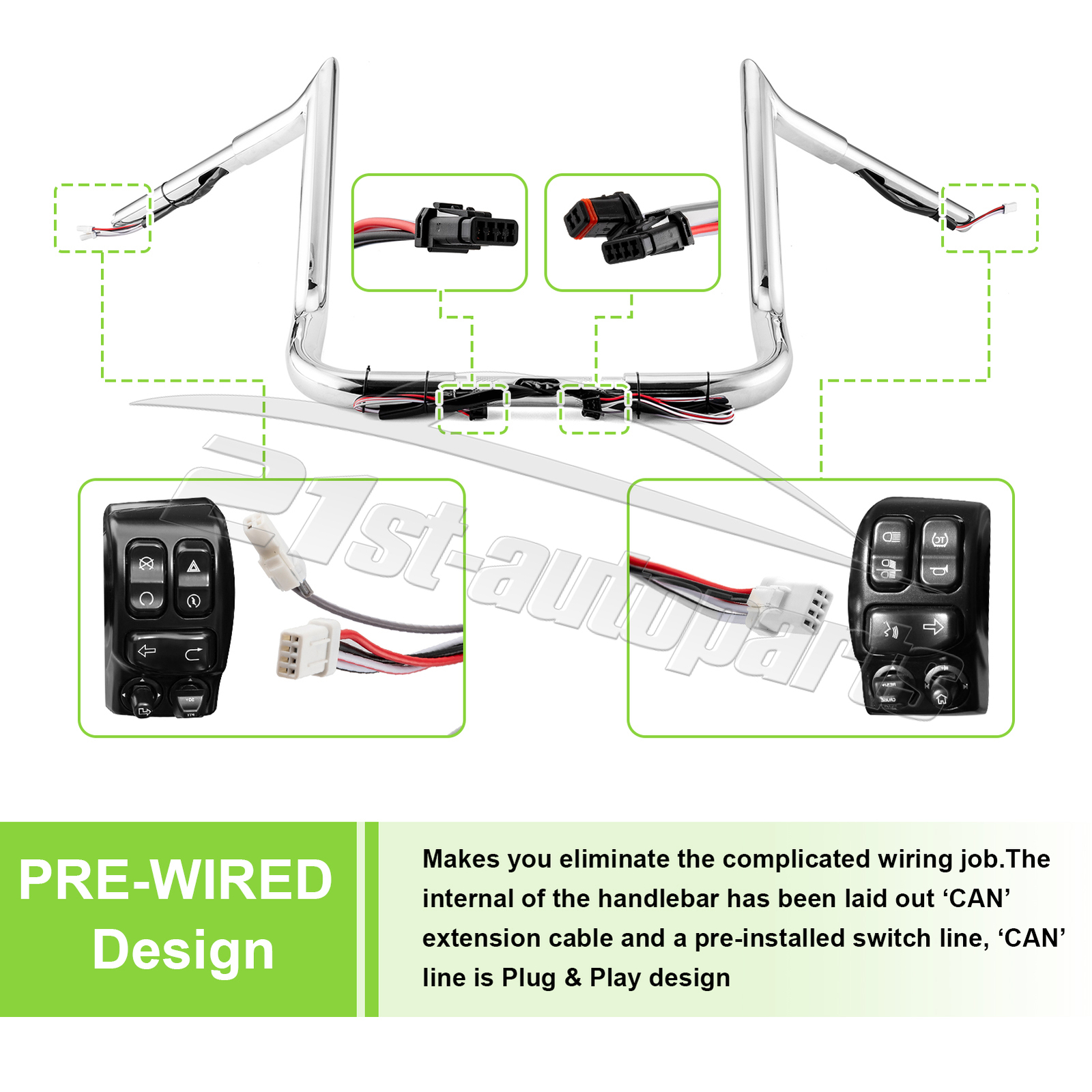 Rise 12" Pre-Wired Meathook Ape Hanger Handlebar For Harley Street Glide 14-23