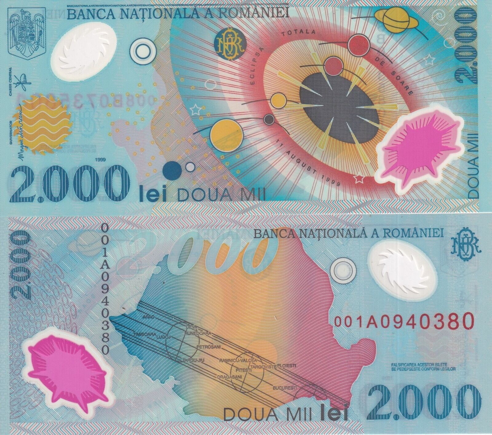 Romania 2000 Lei 1999 P 111 001A Polymer UNC With Folder LOT 3 PCS