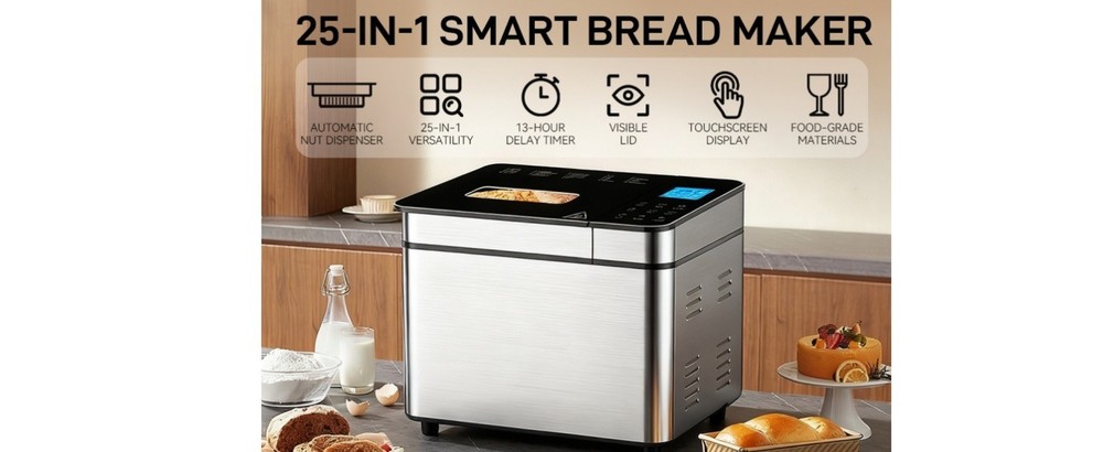 Automatic Bread Maker 2lb, 25-IN-1,Touch Screen, Visible Lid, Auto Nut Dispenser