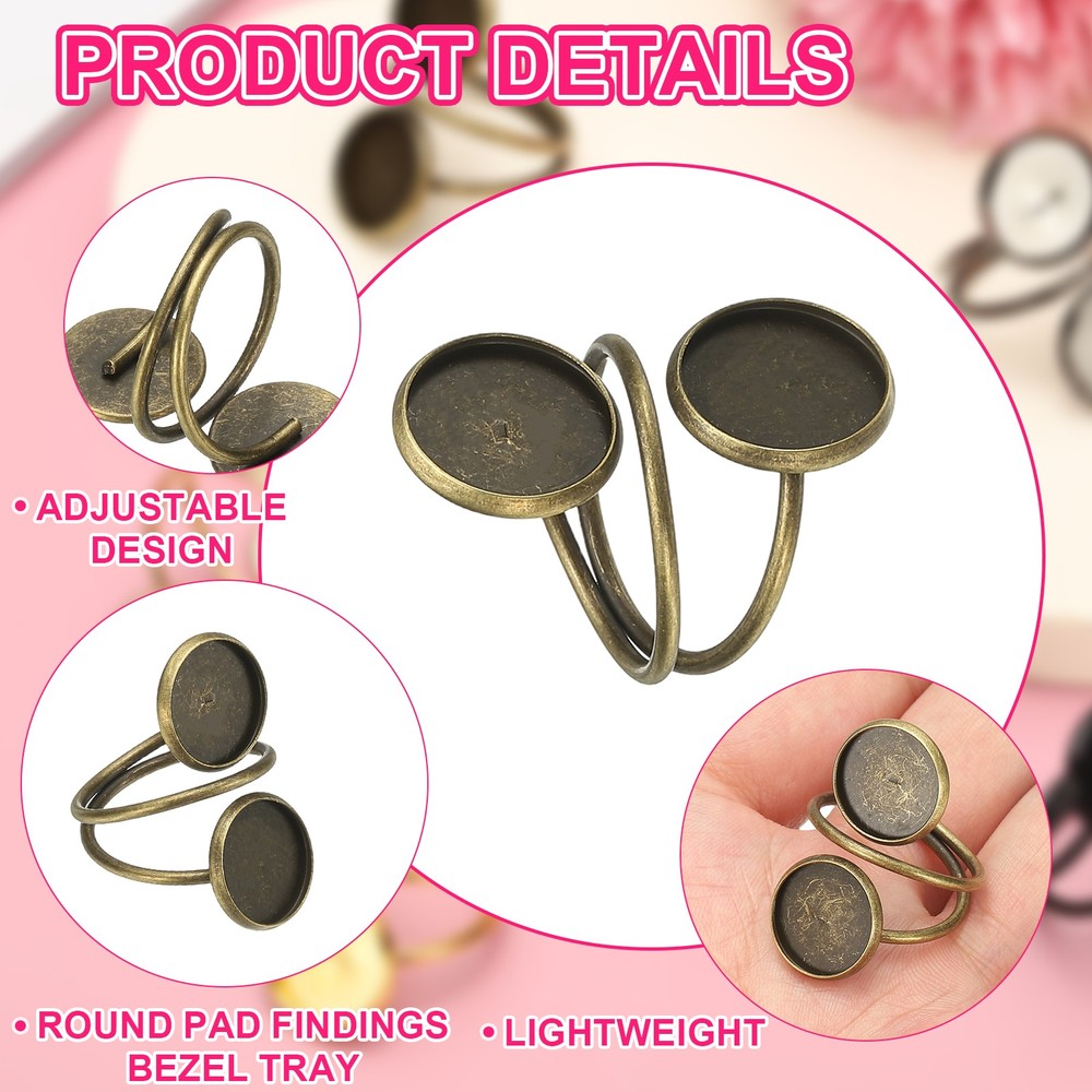Ring Blank, 10 Pcs Adjustable Finger Ring Blank Base 12mm, Bronze
