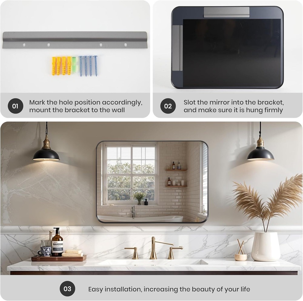Bathroom Wall Mirror with Metal Frame Rounded Corners Hanging Vanity Mirror