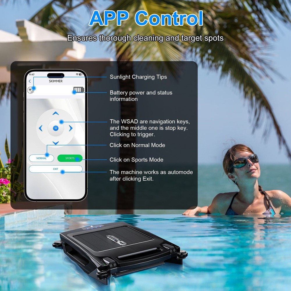 Solar Robotic Pool Skimmer Swimming Pool Surface 2 Modes Surface &APP Water Play