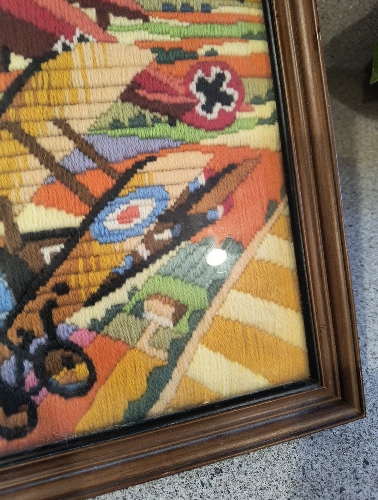 Vintage Horizons Designs Completed Flying Airplanes In Fields Framed Needlepoint