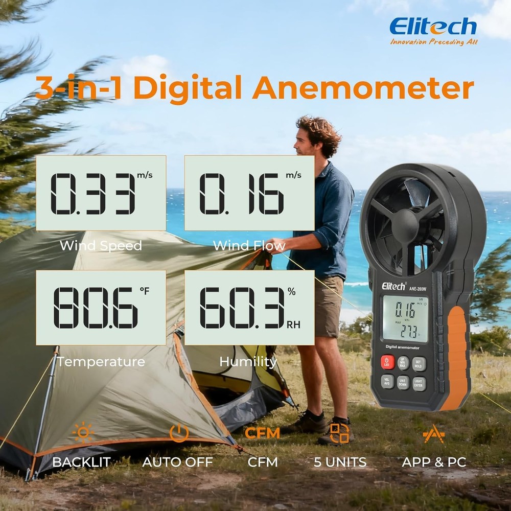 Handheld Digital Anemometer Wind Speed Meter 0.3-30m/s Bluetooth Wind Temp Gauge