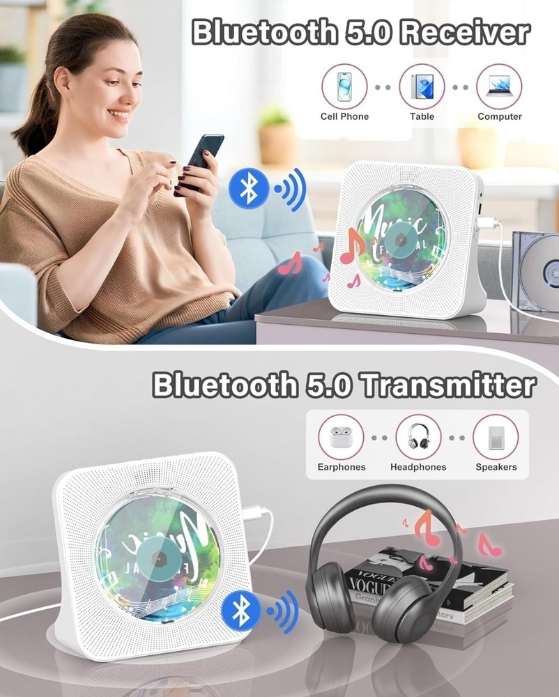 Portable CD Player with Bluetooth 5.0, Greadio Desktop CD Players for Home, CD M