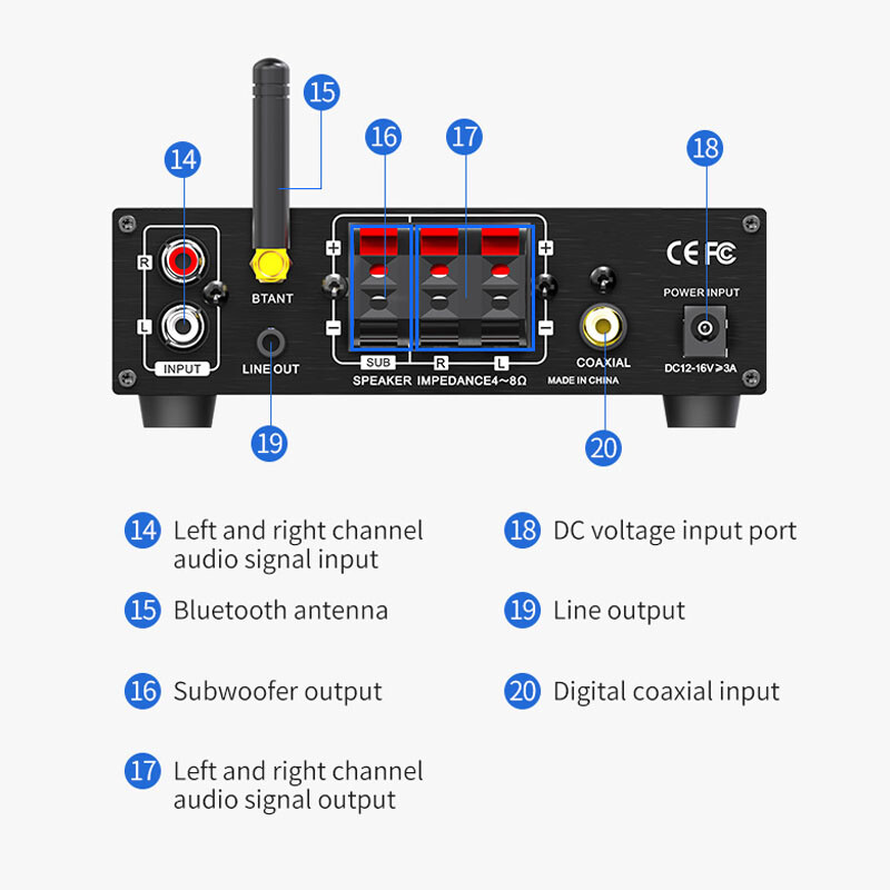 ‌2.1CH Bass-Boost Amplifier: Seamless AUX/RCA Input & Silent Operation‌