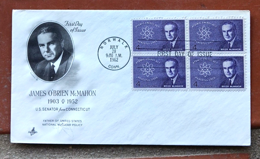 BRIEN MCMAHON CONNECTICUT SENATOR ATOMIC ENERGY ARTMASTER CACHET FDC BLOCK UNADD