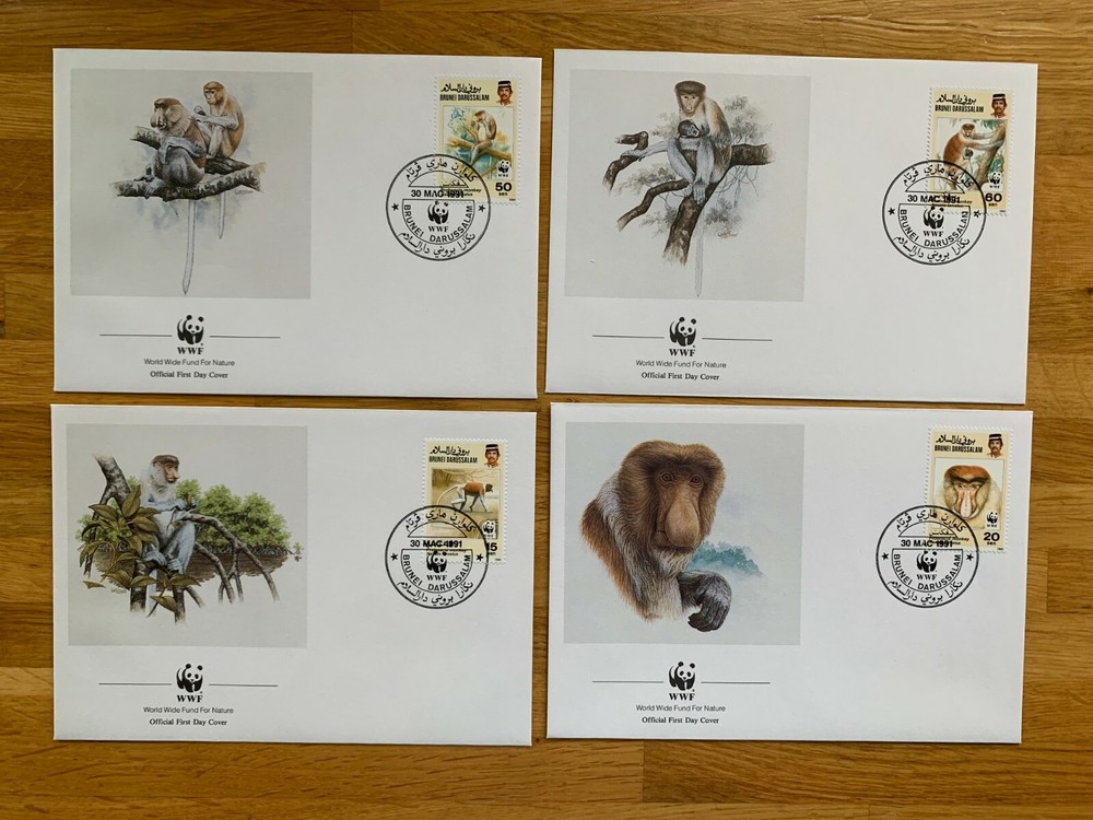 BRUNEI 1991 FDC x 4 WWF PROBOSCIS MONKEY