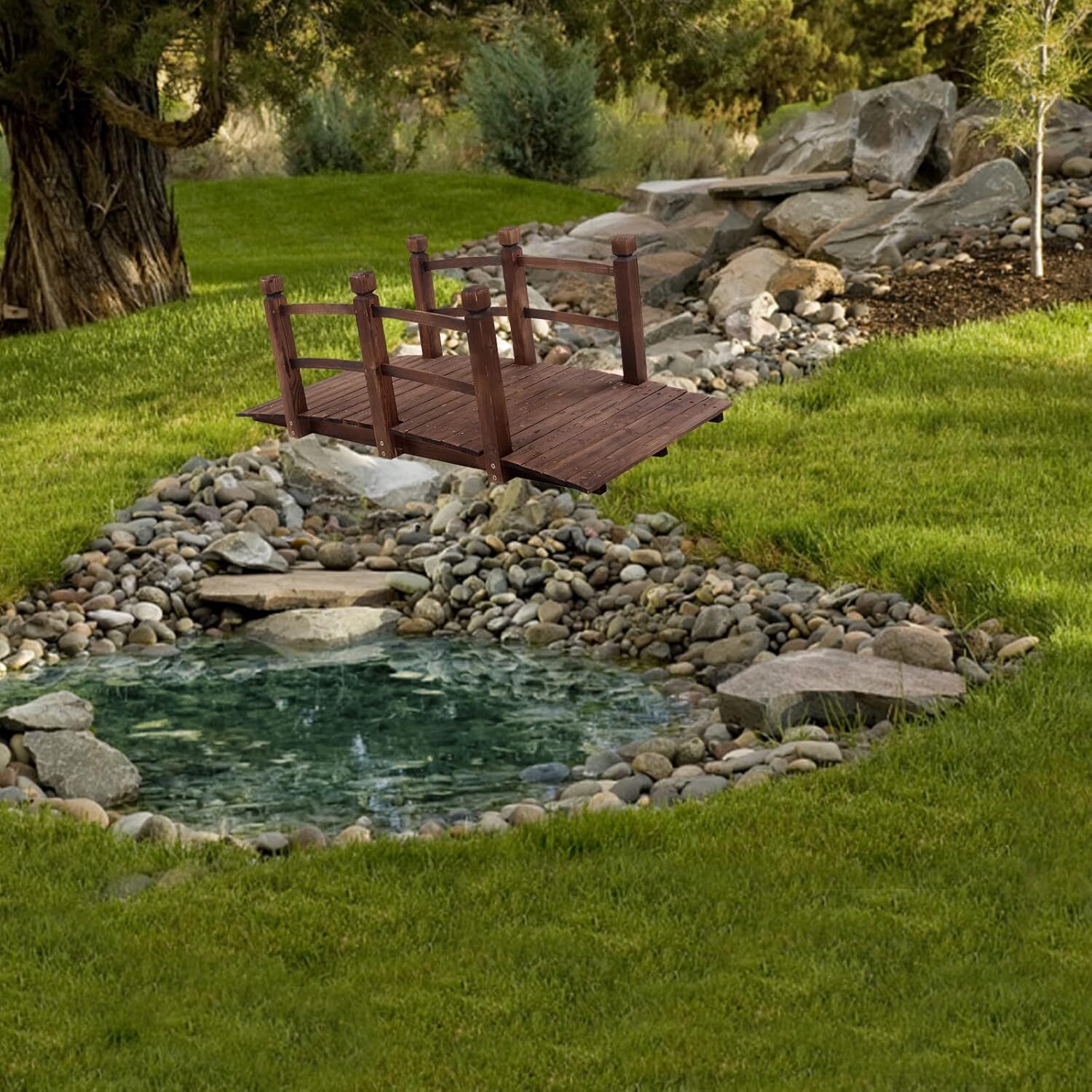 5 ft Garden Wooden Bridge Arch Stained Finish w/Safety Rails Outdoor Footbridge