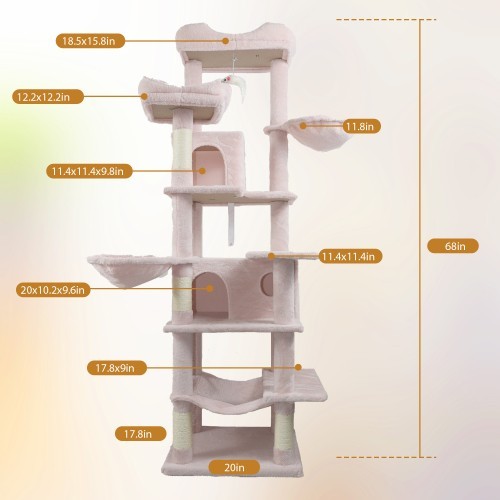 Cat Tree Pet use 68-inch multi-layer large tall cat tree in pink color