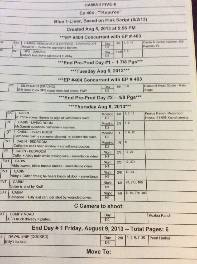 HAWAII FIVE-O ORIGINAL SCRIPT 404 SCHEDULE TECH 2013 KUPU' EU DANIEL DAE KIM