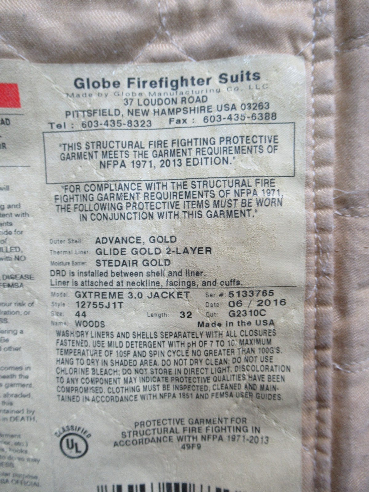 Mfg 2016 GLOBE GXTREME 3.0 JACKET 44 x 32 Firefighter COAT Turnout Bunker GEAR