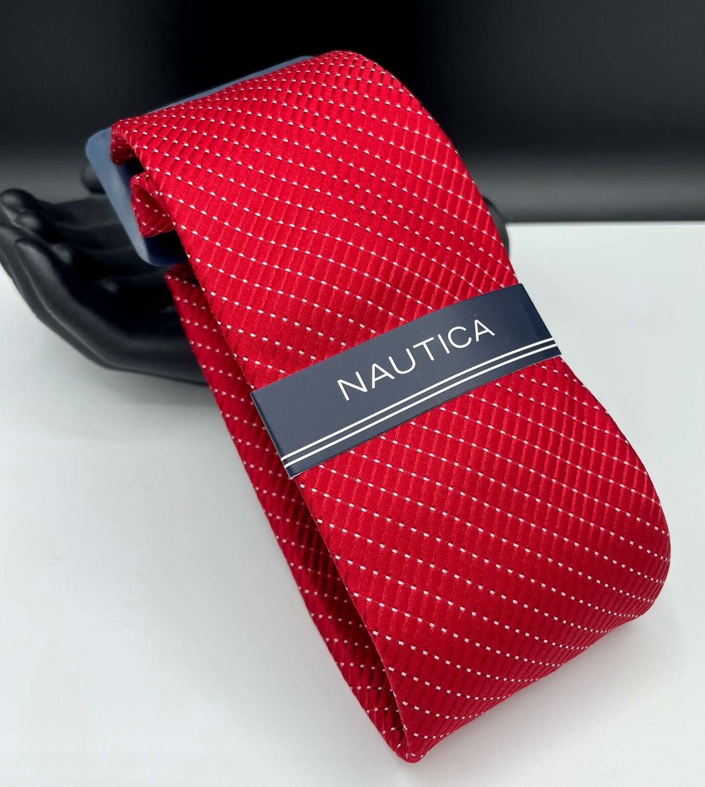 NAUTICA Men's Polyester Tie ~ Red ~ Grid Pattern ~ NEW MSRP: $55.