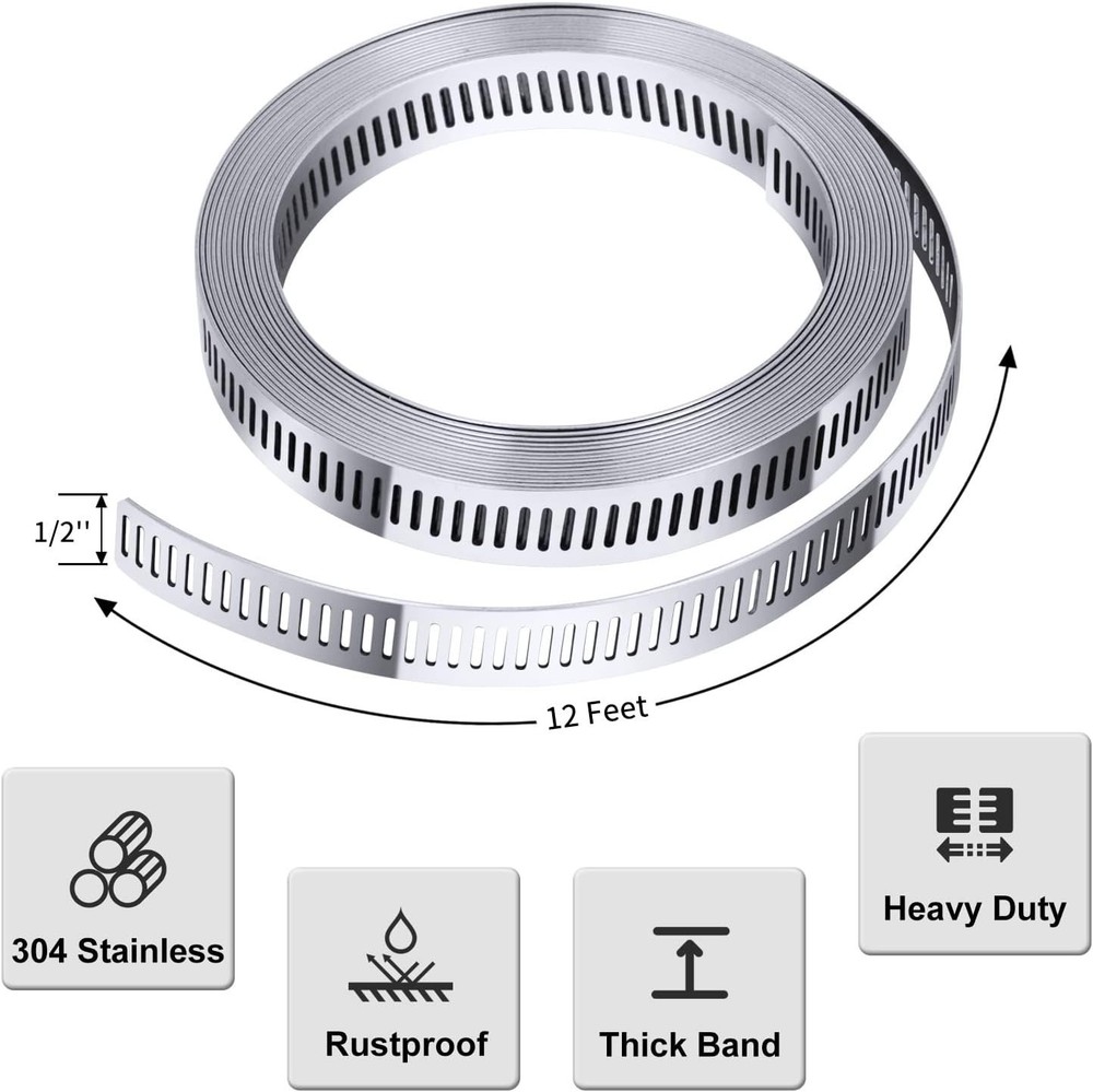 Complete Hose Clamp Solution: 12ft Stainless Steel Strap & 8 Strong Fasteners