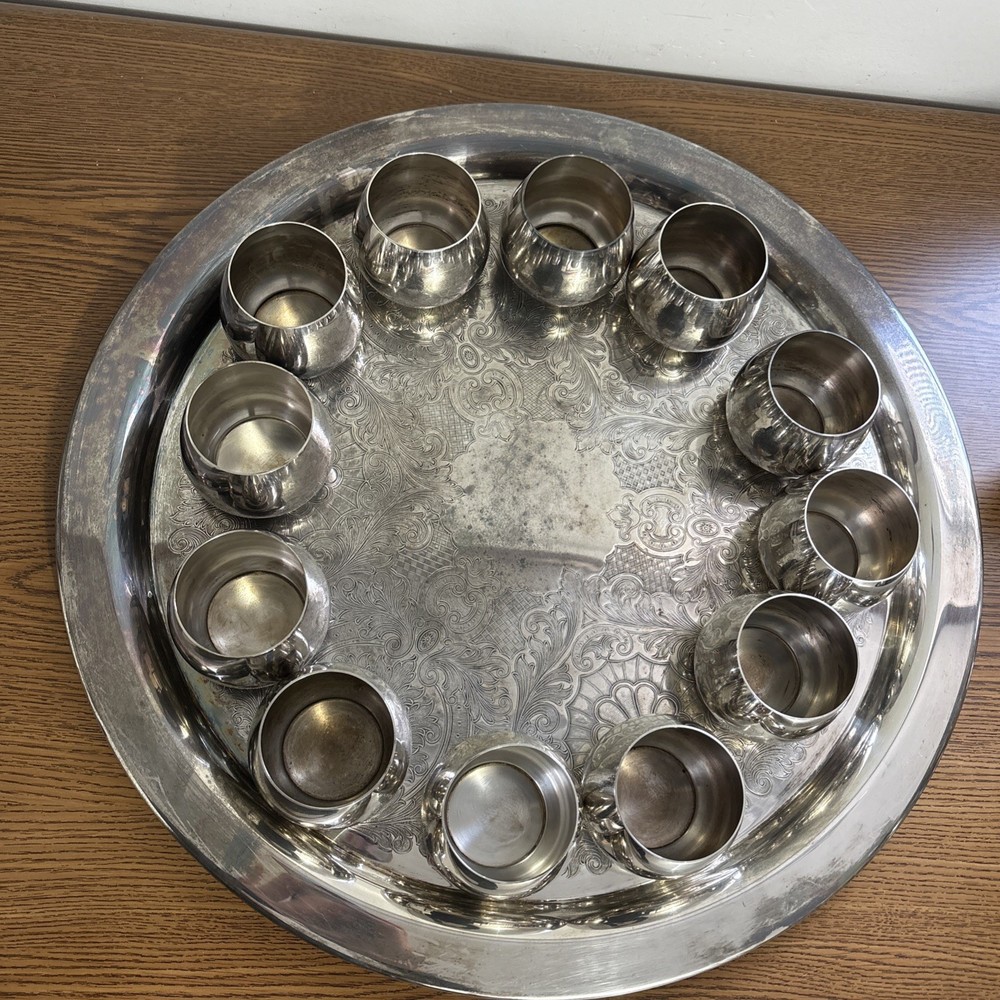 VTG Oneida Silver Plated Punch Bowl Set Punch Bowl Ornate Tray 12 Cups & Ladle