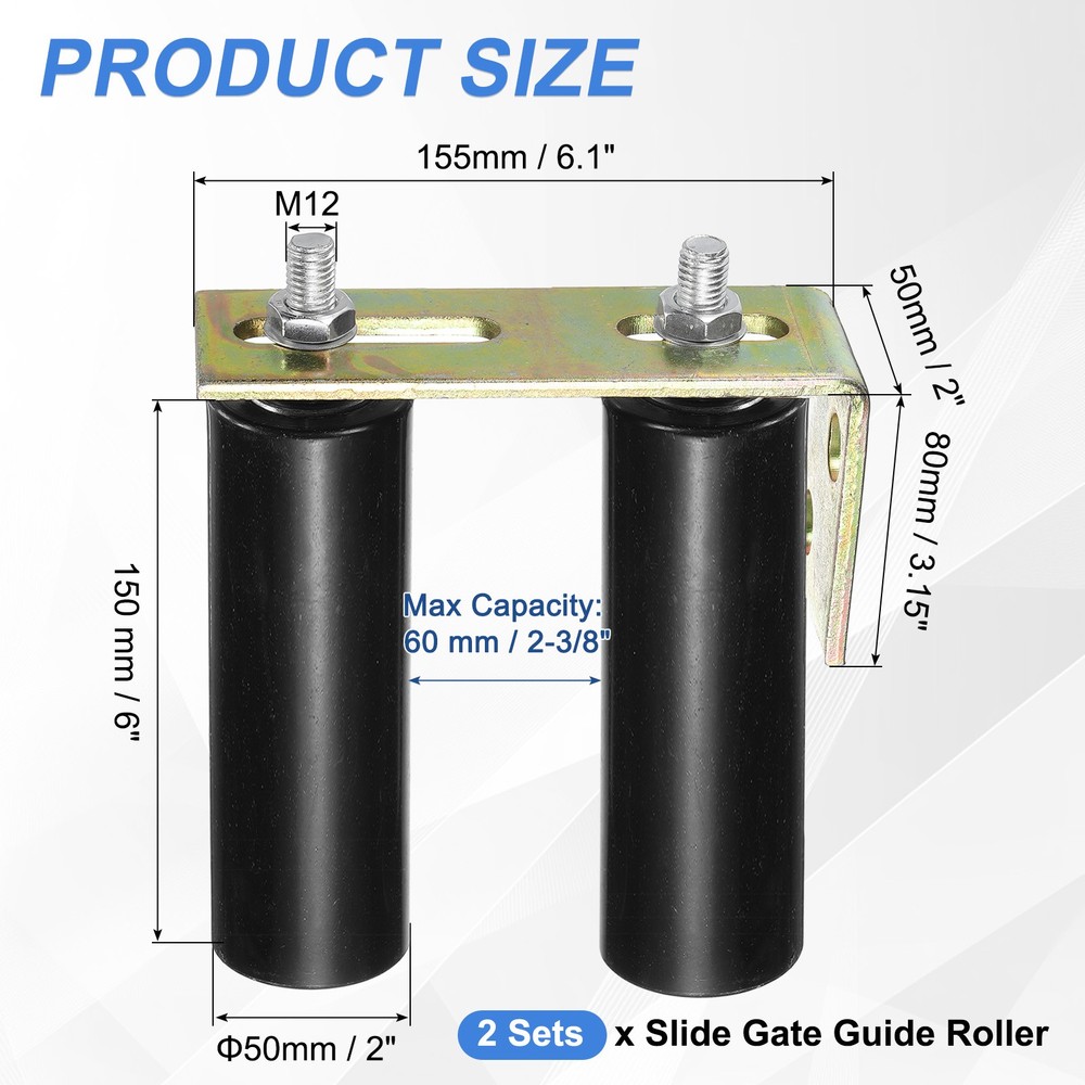 2Set Slide Gate Guide Roller, 6" Nylon Gate Support Rollers with Bracket, Black