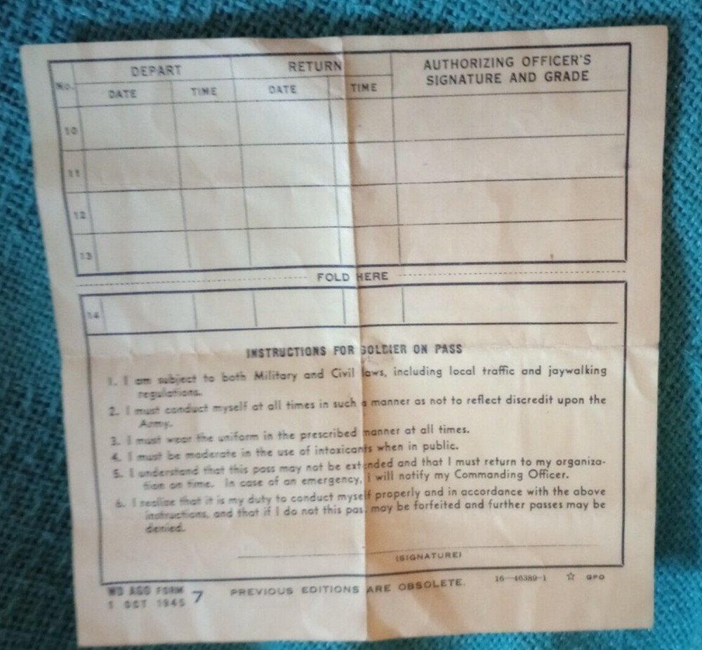 1945 Enlisted Man's Pass WW2