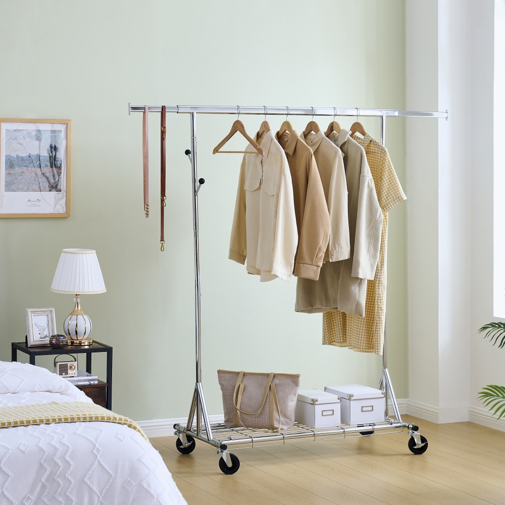 Silver Iron Heavy Duty Clothes Rack 600LBS Capacity Adjustable Rolling Garment