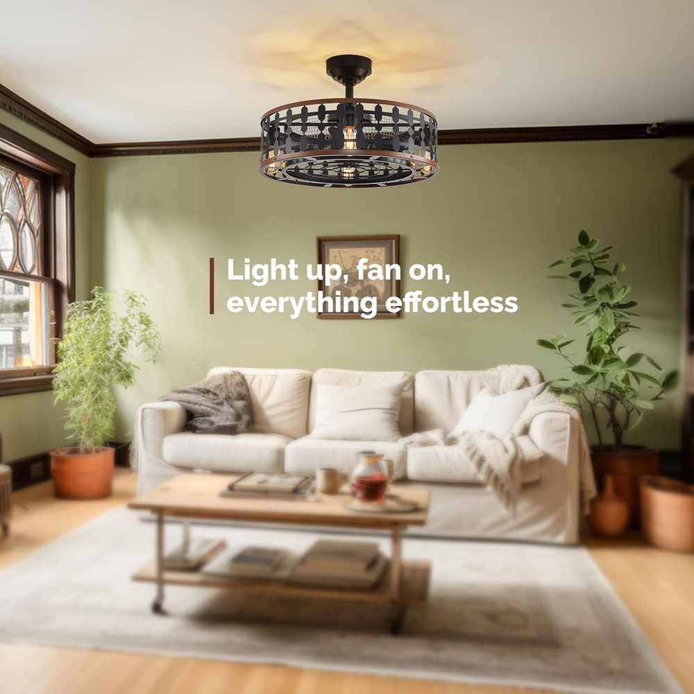 21.5" Black Caged Ceiling Fan with Light & Remote - Low Profile Design