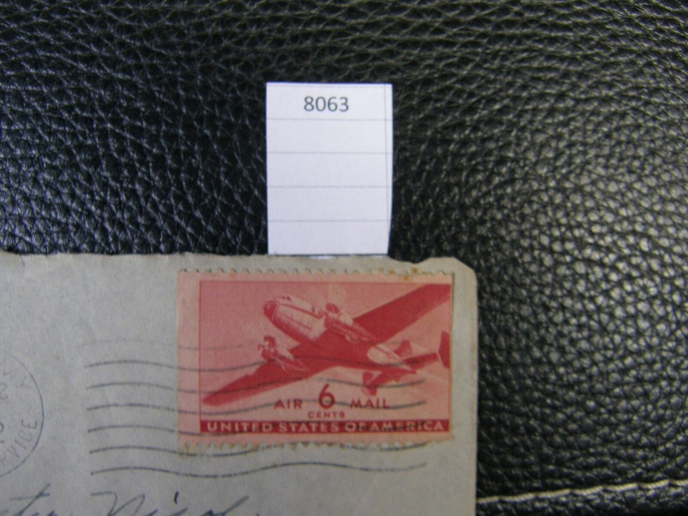 8063) One: 6¢ US Air Mail Postage Stamp Airplane Affixed Envelope 1940's