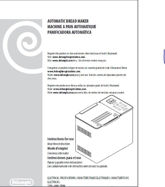 Delonghi Bread Machine Manual DBM750S, DBM755