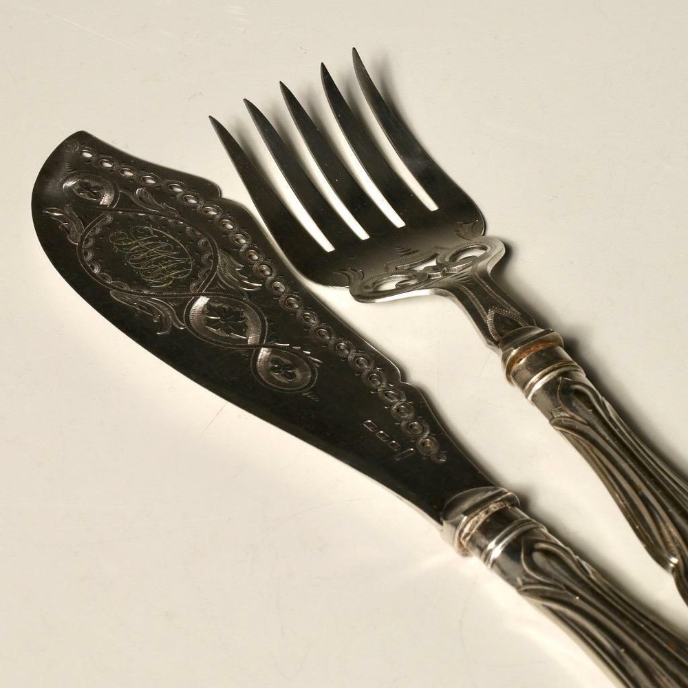 Atkins Bros Sheffield Etched Fish Knife Fork Serving Set Antique