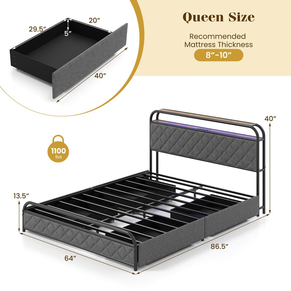 Queen Size Bed Frame with LED Lights & Charging Station Storage Headboard