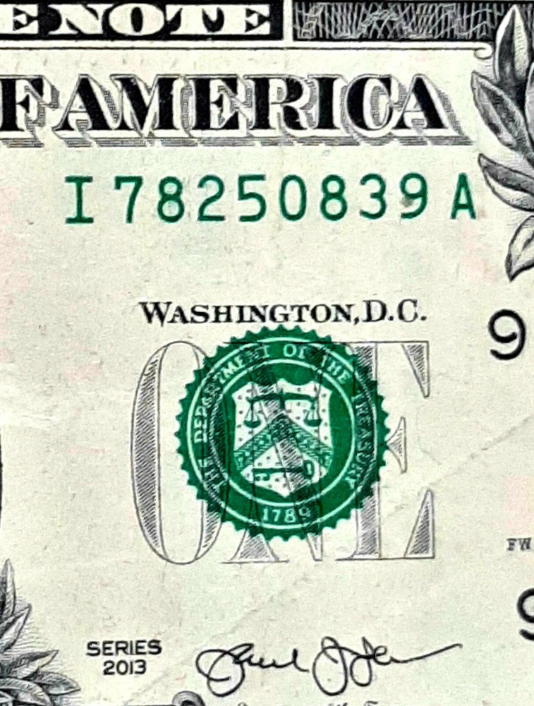 2013 $1 SHIFT ERROR GREEN SEAL& SERIAL NUMBER MOVED UP+  MISALIGN PRINT ERROR