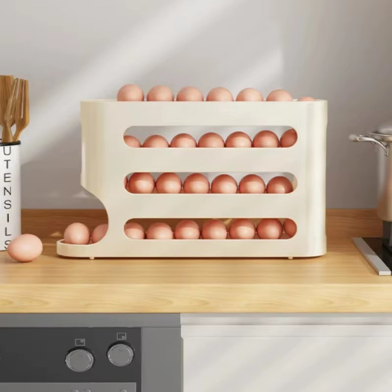 Auto Rolling Egg Holder Storage Rack 4-Tier Roll down Refrigerator Egg Dispenser
