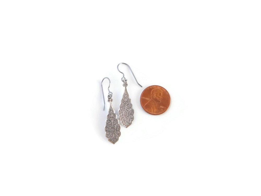 Filigree Drop Earrings, Silver Plated Brass, Handmade