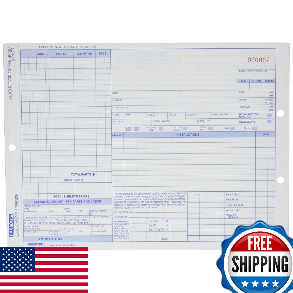 Rediform Auto Repair Polypack Carbonless Triplicate Forms 8.5x11.625 50 Sheets