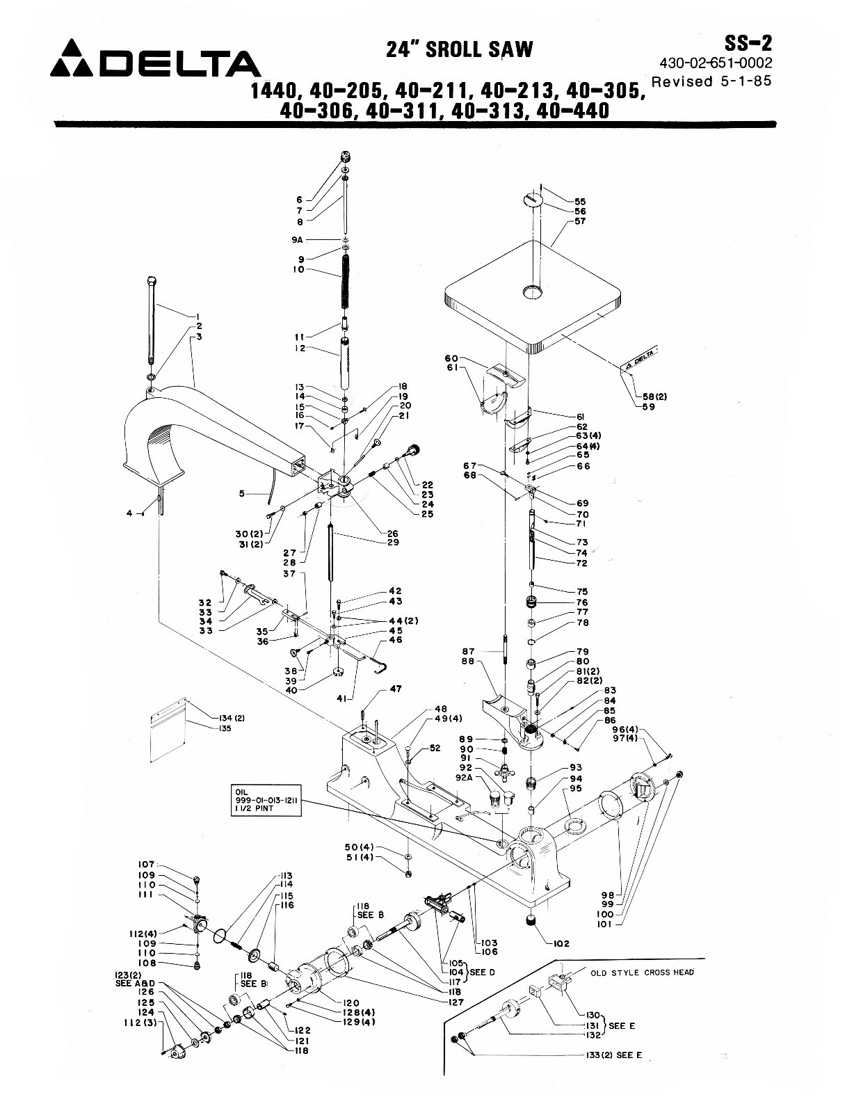 Delta 24" Scroll Saw Older Style Operating, Maintenance & Parts Manual #1954