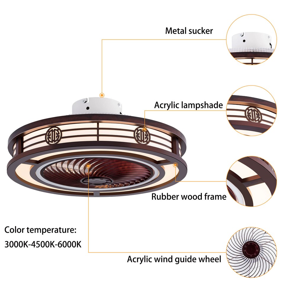 Caged Low Profile Ceiling Fan with Remote Control - Neo-Chinese Design