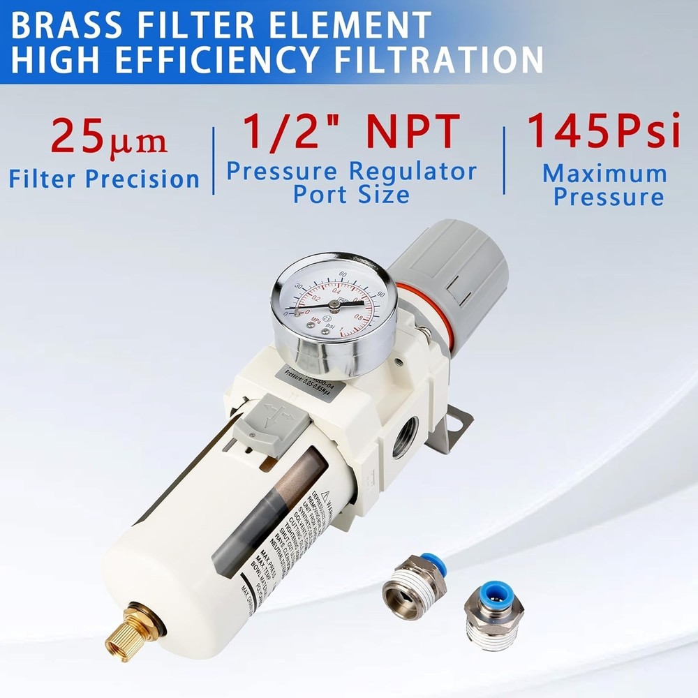 WeiTeng 1/2" NPT Compressed Air Filter Regulator Combo, 5 Micron Brass Filter