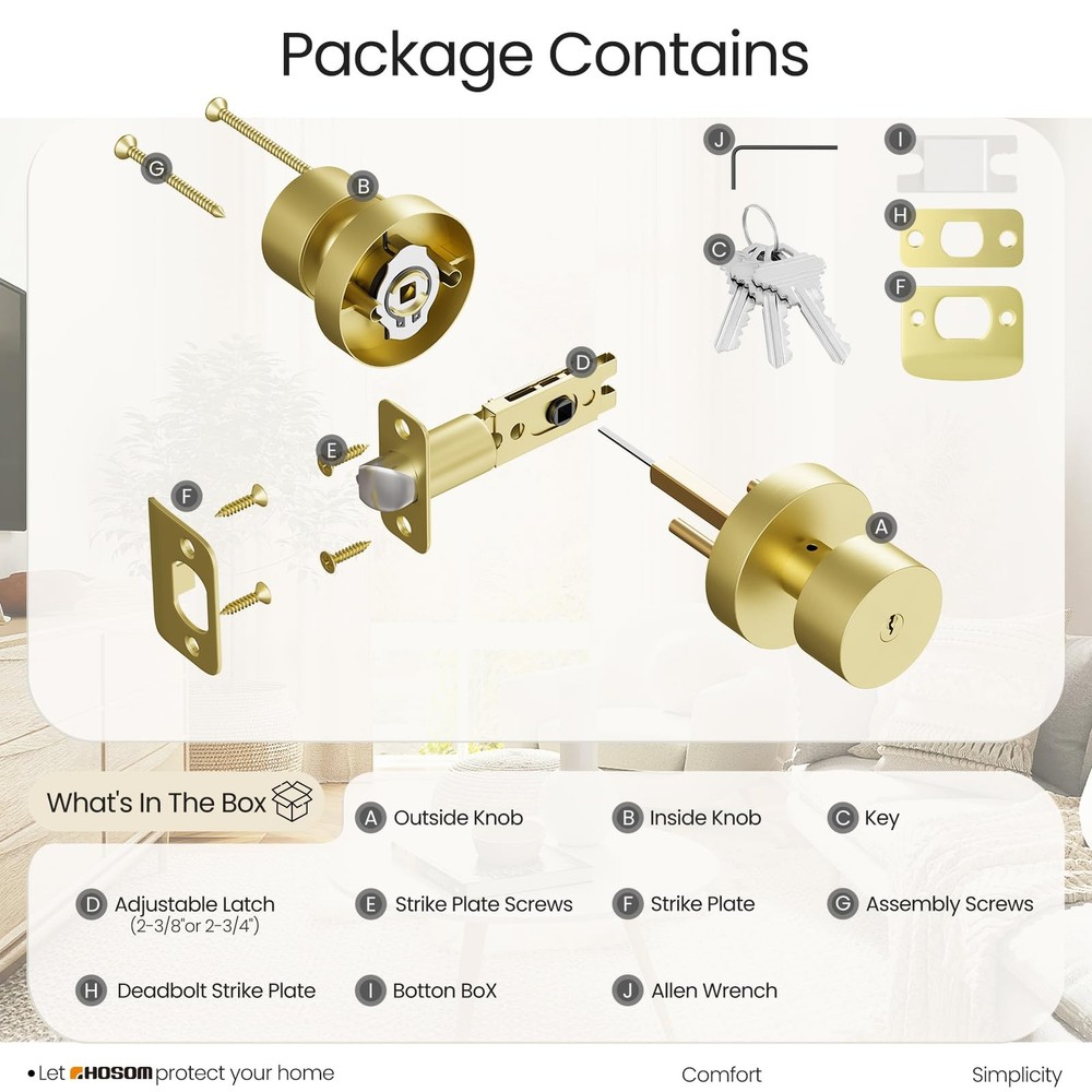 HOSOM Gold Door Knobs with Lock and Key, Keyed Entry Knob Gold,