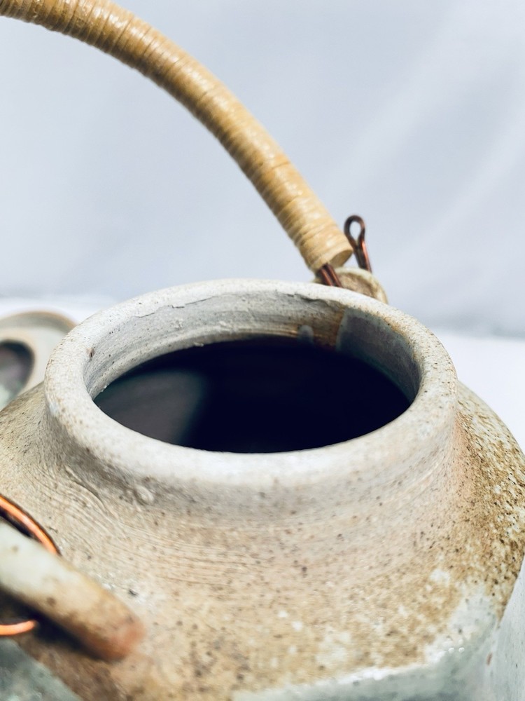 Studio Pottery Celadon Teapot Small Ceramic Rattan Wrapped Handle