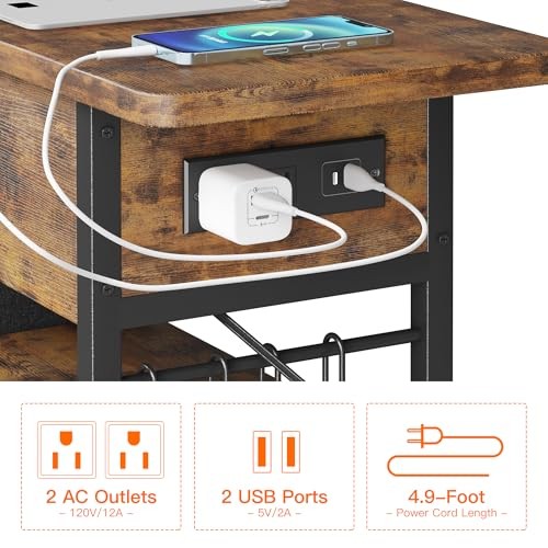 End Table with Charging Station, Flip Top Nightstand with USB Rustic Brown
