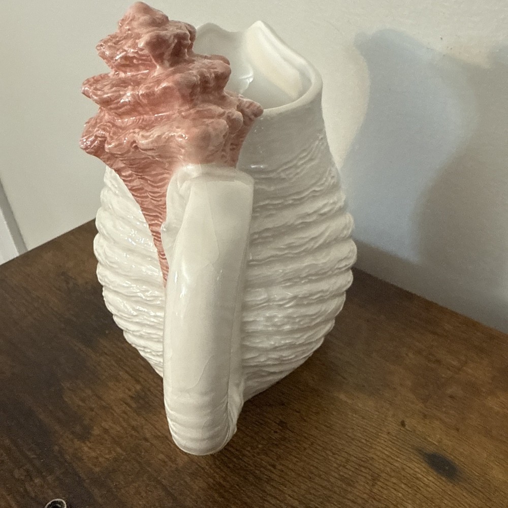Vintage Shell Pitcher 1994 Hand painted White W/Pink Shell On Handle Approx 7”